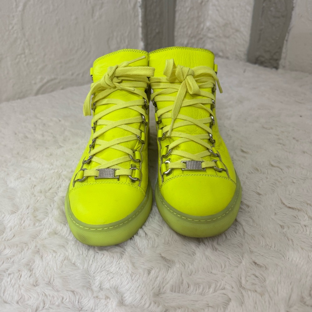Balenciaga Arena Leather High Neon Sneakers Yellow 433296 Size 38 - Picture 2 of 12